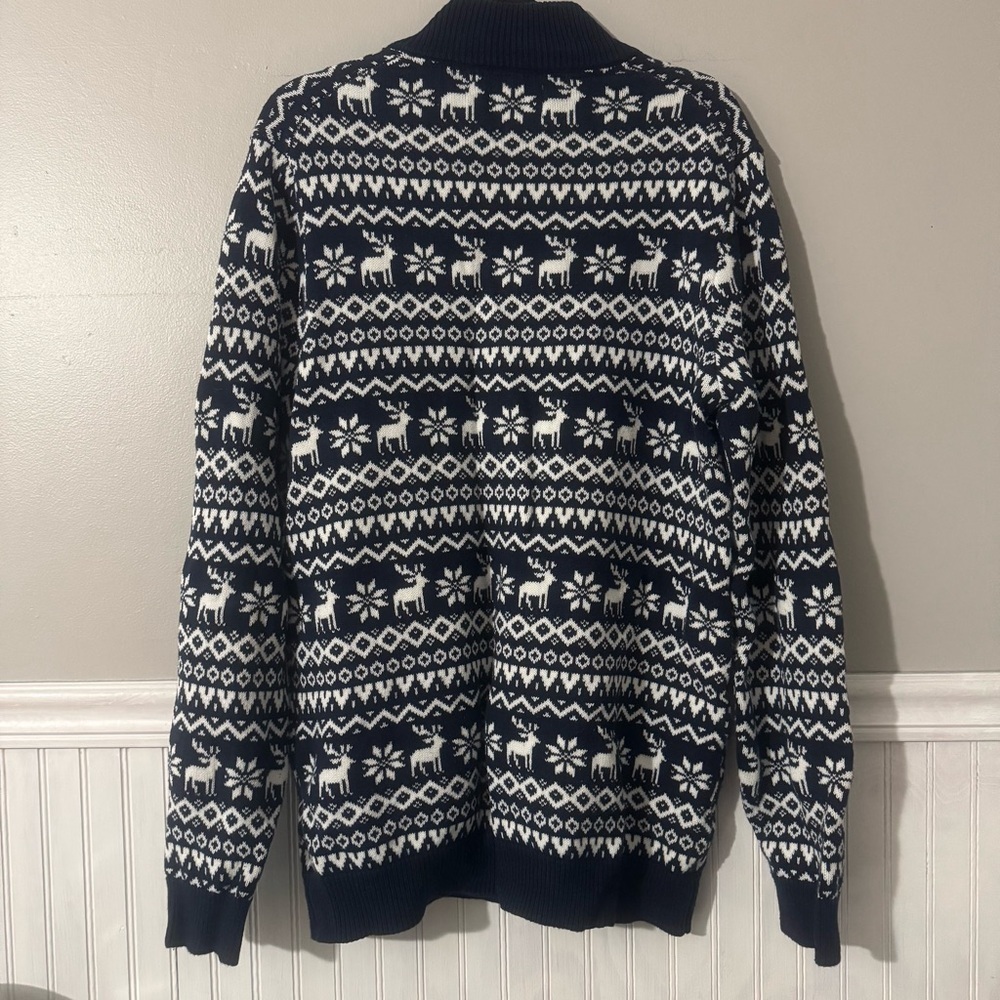 The Foundry Supply Co 1/4 Zip Sweater Deer & Snowflake Navy & White Men’s LT - Picture 3 of 8